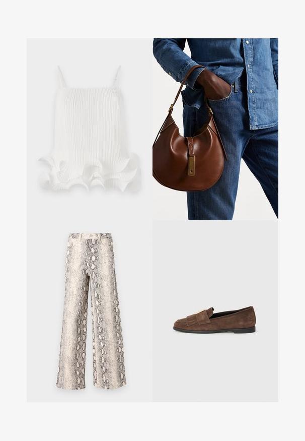 Biele plisované top s nastaviteľnými ramienkami, ktorý má vlnitý volánový lem a hladkú textúru. Ľahká tkanina s vertikálnymi pruhmi.; Široké nohavice so vzorom hada, s krémovo-sivou farebnou paletou, vyrobené z textúrovanej látky s vysokým pásom.; Hnedé semišové mokasíny s hladkou textúrou, so strapcom so zlatým akcentom a jemnými strapcami na špičke. Plná podrážka.; Hnedá kožená hobo taška s okrúhlym tvarom, so zlatými kovovými akcentmi a kontrastným prešívaním. V kombinácii s džínsovou košeľou a džínsami.