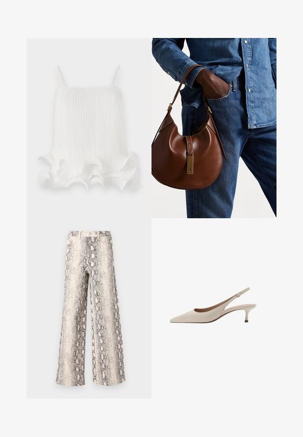 Vit plisserad topp med justerbara axelband, med en vågig volangkant och en slät yta. Lätt material med vertikala ränder.; Breda byxor i ettormönster, med en kräm- och grå färgskala, tillverkade av texturerad tyg med en hög midja.; Beige slingbackklackar med spetsig tå och en låg, utsvängd klack. Tillverkade av slätt läder med en minimalistisk design och justerbar rem.; Brun läder hobo-väska med en rund form, som har en accent av guldmetall och kontrasterande sömmar. Kombinerad med en denimskjorta och jeans.