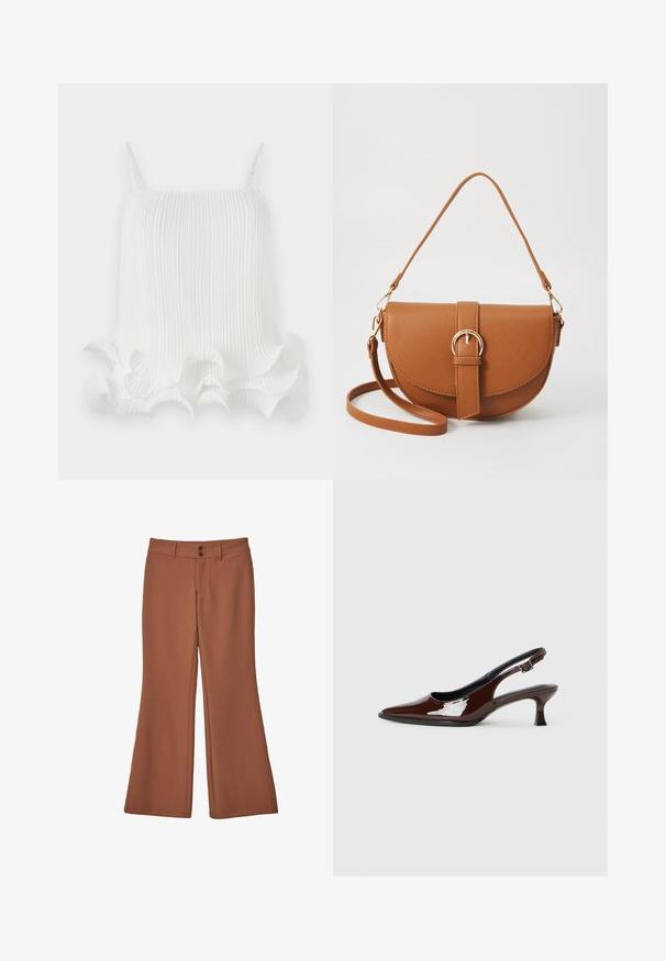 Weißes, gefältetes Oberteil mit verstellbaren Trägern, das einen welligen Rüschensaum und eine glatte Textur aufweist. Leichter Stoff mit vertikalen Linien.; Braune, ausgestellte Hosen aus weichem Stoff. Sie verfügen über zwei vordere Knöpfe und eine glatte Textur ohne sichtbare Muster oder Akzente.; Braune Lackleder-Slingback-Schuhe mit spitzer Zehe und moderatem Absatz. Mit einem Schnallenriemen für einen sicheren Sitz. Glatte Textur.; Braune Leder-Crossbody-Tasche mit geschwungener Form, goldfarbenen Beschlägen und einer Schnallenakzentuierung. Verfügt über einen abnehmbaren Schultergurt.