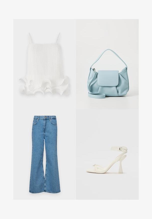 Top bianco a pieghe con spalline regolabili, dotato di un orlo ondulato a volant e una texture liscia. Tessuto leggero con righe verticali.; Jeans svasati di un blu chiaro, realizzati in denim, con vita alta, cinque tasche e chiusura a un bottone. Morbido al tatto con una finitura scolorita.; Sandalo con tacco alto e fasce in pelle bianca, dal design elegante, con un tacco a blocco trasparente e un elemento decorativo sulla punta.; Borsa a mano in pelle blu chiaro con manico superiore, tasca con pattina frontale e tracolla rimovibile su sfondo bianco.