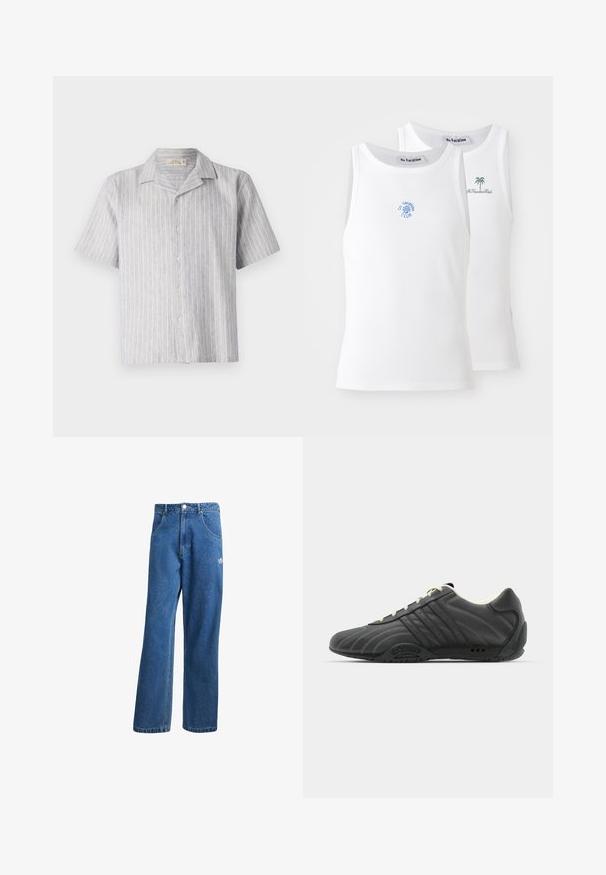 Šviesiai mėlynas ir baltas dryžuotas lininis marškinėliai trumpomis rankovėmis. Turi klasikinį apykaklę ir tiesų apdailą, su penkiais mygtukais per priekinę dalį.; Du du baltos maikutės, su briaunotu tekstūru, puošiančios mėlynus ir žalius siuvinėtus logotipus. Viena turi saulės dizainą, kita - palmių.; Mėlynos aukštu liemeniu plačios džinsinės kelnės su priekinėmis kišenėmis, diržo kilpos, sagčių uždarymu ir mažu Adidas logotipu dešinėje šlaunyje.; adidas Originals ADIRACER UNISEX - Sportbačiai - core black/cream white