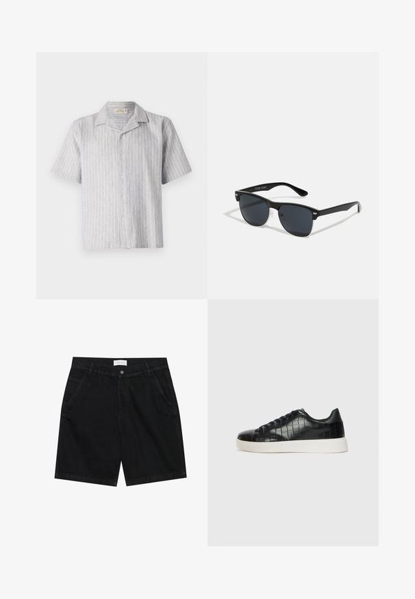 Short-sleeve button-up shirt in light blue and white striped linen. Features a classic collar and a straight hem, with five buttons down the front.; Black denim shorts with a classic fit, featuring two front pockets, a button closure, and a label at the waistband. Textured fabric.; Black sneakers featuring a textured croc-embossed leather upper, rounded toe, and a contrasting white rubber sole with a smooth finish.; Black sunglasses with a rectangular shape, dark lenses, silver accents at the temples, and a matte finish on the frame.
