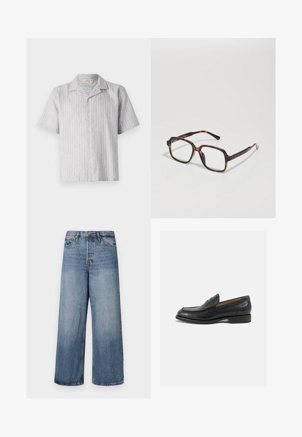 Camicia a maniche corte con bottoni in lino a righe blu chiaro e bianche. Presenta un colletto classico e un orlo dritto, con cinque bottoni sul davanti.; Jeans in denim blu a gamba larga con lavaggio sbiadito, design a cinque tasche e chiusura con bottone. Dotati di passanti per cintura e dettagli cuciti.; Mocassini in pelle nera con finitura liscia, punta arrotondata e cuciture decorative sulla tomaia. Tacco basso impilato e leggero lucido.; Occhiali da sole tartarugati con montatura quadrata, lenti trasparenti e tempie sottili con un delicato dettaglio del logo. Finitura opaca e lucida.