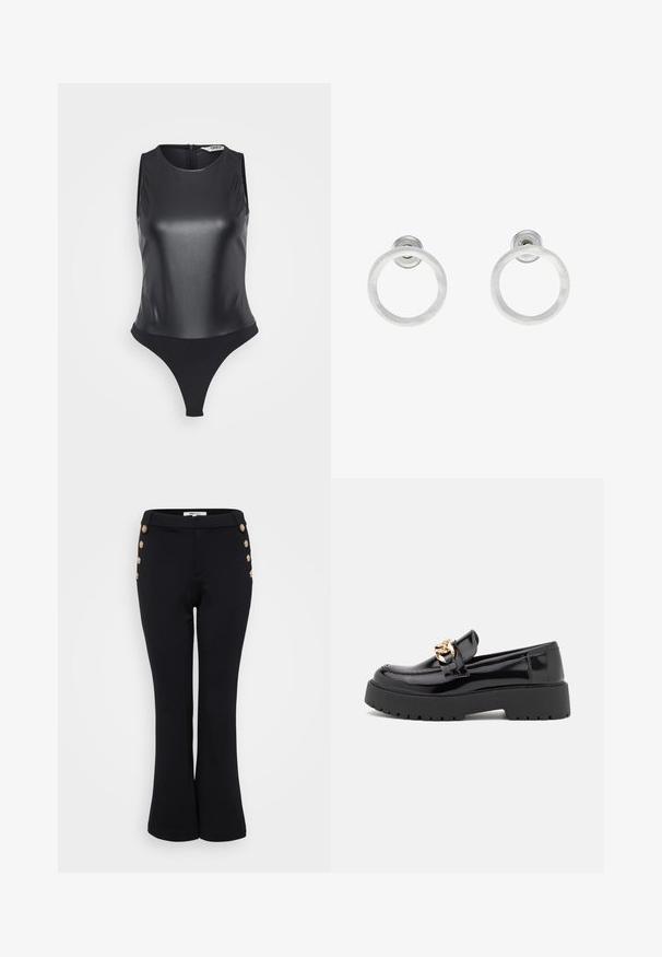 Črna brezrokavna bodi iz sijočega materiala, z visokim ovratnikom, polnim hrbtom in dizajnom s tangami za eleganten silhueto.; Črne razširjene hlače iz gladkega materiala, ki imajo zlate gumbne detajle ob pasu in oprijet silhueto.; Črni lakirani usnjeni loafers s debelim črnim podplatom in zlato kovinsko opremo. Gladka tekstura in zasnova zaokroženega nosu.; Srebrni kovinski obročasti uhani z brušenjem, s krožno obliko in prozornim zatičem za varno nošenje.