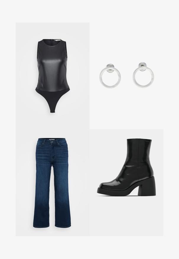 Čierny bezrukávový body vyrobený z lesklého materiálu, s vysokým golierom, plným chrbtom a dizajnom nohavičiek pre štíhly siluetu.; ONLY Petite ONLMADISON BLUSH WIDE - Široké nohavice - dark blue denim; Čierne členkové topánky s lesklým povrchom, štvorcovou špičkou a širokým blokovým opätkom. Dizajn sa vyznačuje bezšvovou siluetou a minimálnym brandingom.; Strieborné kovové náušnice vo forme kruhov s brúsenou textúrou, so zaobleným dizajnom a priehľadným zarážkou pre bezpečné nosenie.