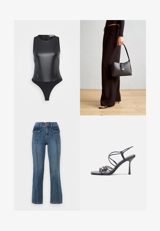 Must värvi ilma varrukat bodi, mis on valmistatud läikivast materjalist, millel on kõrge kaelus, täis seljaosa ja stringi stiilis alumine osa, et luua sujuv siluett.; ONLY Petite ONLWAUW MID WAIST FLARED - Alt laienevad teksad - medium blue denim; Mustad musta värvi kontsandaalid on varustatud peente rihmadega, millel on sõlmekujundus, siledad ruudukujulised varbad ja stiilne stilettokonts.; Must musta kott, millel on struktureeritud kuju, sile tekstuur ja metallist klamber. Kombineeritud laiate mustade pükstega ja avatud varvaste sandaalidega puidust põrandal.; Hõbedast rõngaskõrvarõngad sileda ja läikiva pinnaga, kõveriku kujuga ning postitaksega sulgur. Minimalistlik disain kaasaegse viimistlusega.