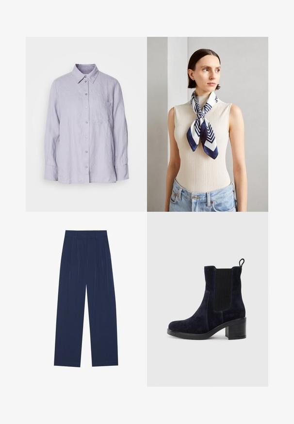 Ljuslila linneskjorta med långa ärmar, knäppning fram, krage och bröstficka. Mjuk textur och avspänd passform.; Mörkblå vida byxor i mjukt tyg, med framdragningar, en slät textur och rak passform utan synliga fickor.; Marinblå mocka ankelstövel med elastisk sidopanel, rund tå och klossklack. Textil med struktur och slät sula ger kontrast.; Siden scarf i marinblått och vitt med ett geometriskt zigzagmönster. Slät textur, snyggt knuten runt halsen, kompletterar en ribbad topp.