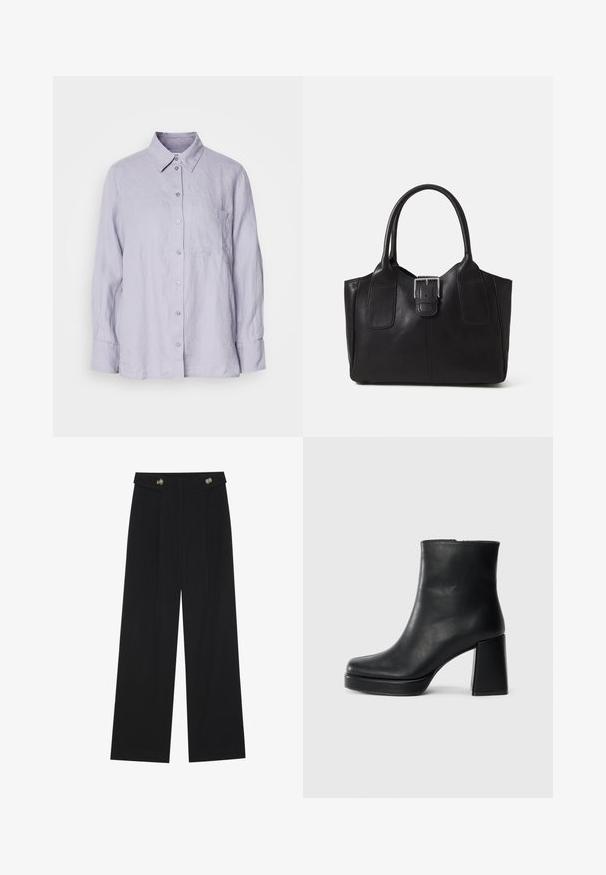 Light lavender linen shirt with long sleeves, a button-up front, collar, and a chest pocket. Soft texture and relaxed fit.; Black wide-leg trousers with high waist, button details on waistband, and front pleats.; Black leather ankle boot with a block heel and platform sole, viewed from the side on a plain white background.; Black leather tote bag with smooth texture, structured shape, two handles, and a prominent silver buckle detail on the front.