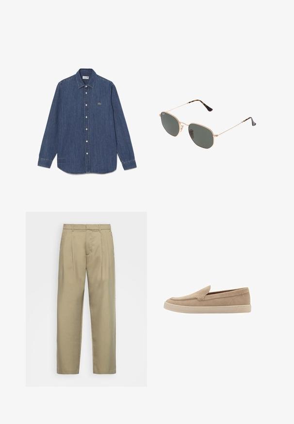 Denimhemd, donkerblauw, lange mouwen, puntige kraag, knoopsluiting aan de voorkant, voorzien van een klein groen krokodillenlogo. Zoom is licht gebogen.; Langermige shirt van witte katoen, ronde halslijn en zwarte accent bij de kraag. Gladde textuur, rechte zoom, geen patronen of versieringen.; Beige, hoge taille broek met een rechte snit, voorzien van een platte voorkant, zijzakken en een gladde, gestructureerde stof.; Beige nubuck instapper met een ronde neus en gestikte details. Lichtgekleurde rubberen zool met een laag profiel.; Gouden metalen zonnebril met donkergroene lenzen, aviator-stijl, met slanke scharnieren en schildpad-accenten op de uiteinden.