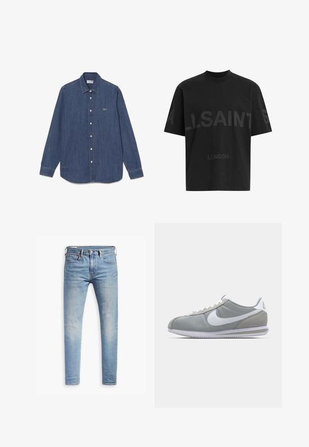 Camicia in denim, blu scuro, maniche lunghe, colletto a punta, con bottoni davanti, che presenta un piccolo logo di coccodrillo verde. L'orlo è leggermente curvato.; T-shirt nero oversize con il testo grigio scuro "ALLSAINTS" sul petto e "LONDON" in lettere più piccole sottostante.; Jeans slim fit blu chiaro con leggere sfumature sulle cosce, chiusura con bottone anteriore, passanti per cintura e cinque tasche su uno sfondo bianco.; Scarpa sportiva grigia con tomaia in camoscio e tessuto, swoosh Nike bianco e lacci bianchi. Presenta una suola in gomma testurizzata e un collare imbottito.