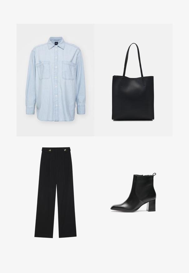 Heleheles sinine teksasärk, millel on nupuga esiosa, kaks rinna taskut ja pikad varrukad. Omab klassikalist kaelust ja pehmet kangast tekstuuri.; Mustad laiad püksid kõrge vöökoha ja nööpdetailidega vööandil, esikortsudega.; Mustmust musta kingad ümarate varvastega, keskmise kõrgusega blokk-kontsa ja tagaküljel tõmbetoru. Sile tekstuur, minimaalne disain.; Mustast nahast kott sujuva tekstuuriga, ristkülikukujuline ja kahe pika sangaga. Pole nähtavat riistvara ega kaunistusi.