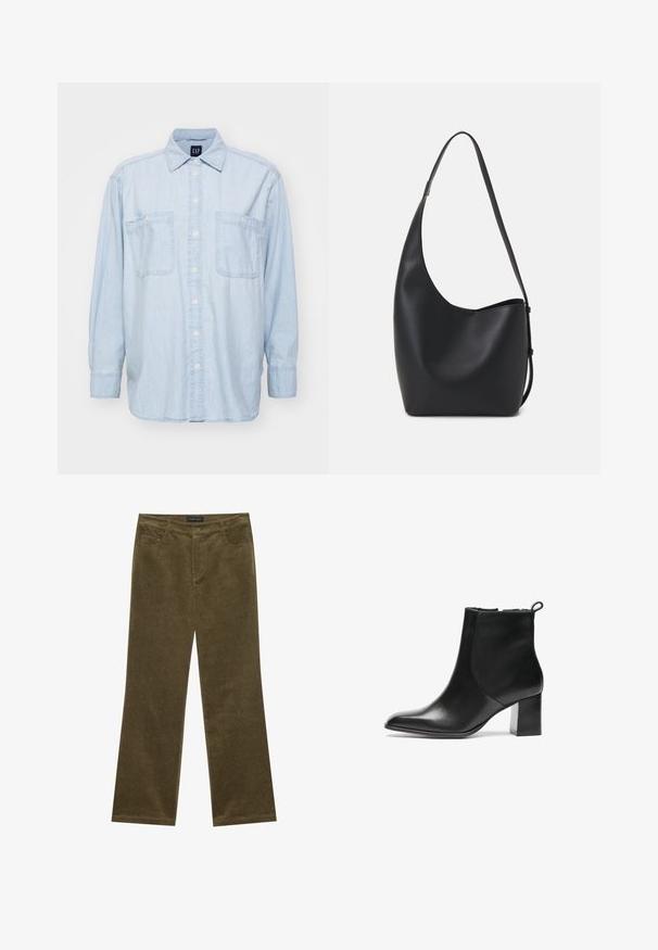 Camicia in denim azzurro chiaro con chiusura a bottoni, due tasche sul petto e maniche lunghe. Presenta un colletto classico e una morbida texture del tessuto.; Pantaloni a zampa d'elefante in velluto a coste verde oliva con cinque tasche, cuciture visibili e chiusura con bottone in vita per una vestibilità sicura.; Stivale alla caviglia in pelle nera con punta arrotondata, tacco largo di media altezza e linguetta sul retro. Texture liscia, design minimale.; Borsa hobo nera in pelle con una superficie liscia, forma curvata e una singola tracolla regolabile; presenta un'ampia apertura nella parte superiore.