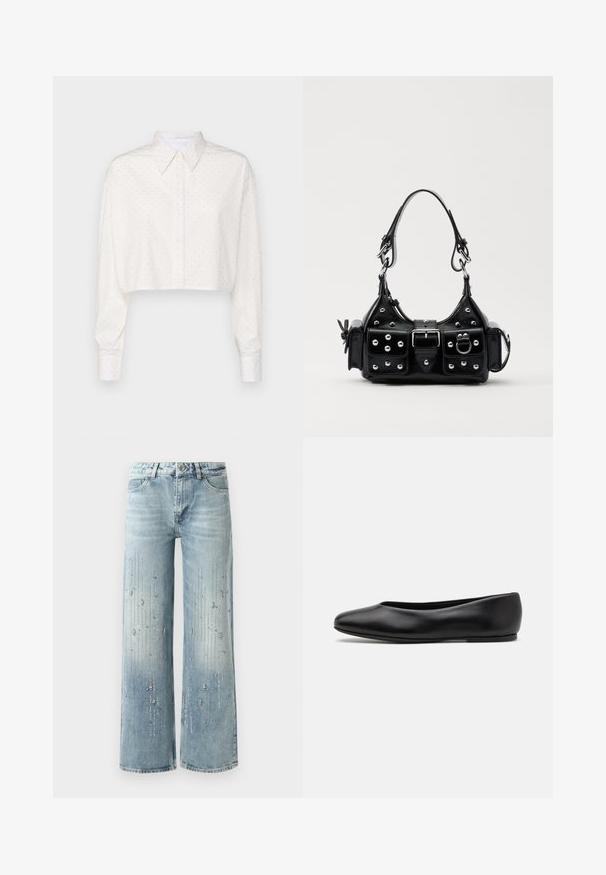 Camicia bianca tagliata con maniche lunghe, colletto abbottonato e motivo a piccoli pois. Realizzata in tessuto morbido, presenta una vestibilità rilassata.; Jeans larghi di denim di colore azzurro chiaro, con un effetto sfumato e decorazioni di strass argentati disposti in un motivo verticale.; Paul Smith TOPANGA - Ballerine - black; Borsa a mano in pelle nera con design curvo, caratterizzata da borchie argentate, una fibbia e due tasche laterali. Tracolla regolabile per diverse opzioni di trasporto.
