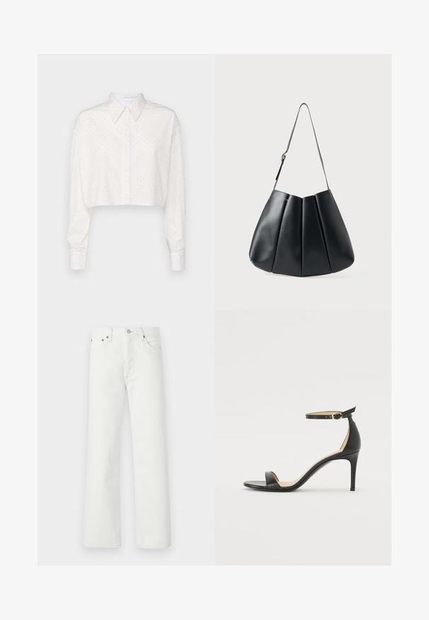 Cropped white shirt with long sleeves, buttoned collar, and small dot pattern. Made of smooth fabric, featuring a relaxed fit.; White denim jeans featuring a straight-leg cut, five-pocket design, and metal hardware accents on the waistband and pockets.; Black leather high-heeled sandal with an ankle strap. Features a smooth texture, open toe, and a thin heel. Gold-toned buckle detail.; Black leather shoulder bag with pleated design, smooth texture, single strap, and a subtle gold hardware accent.
