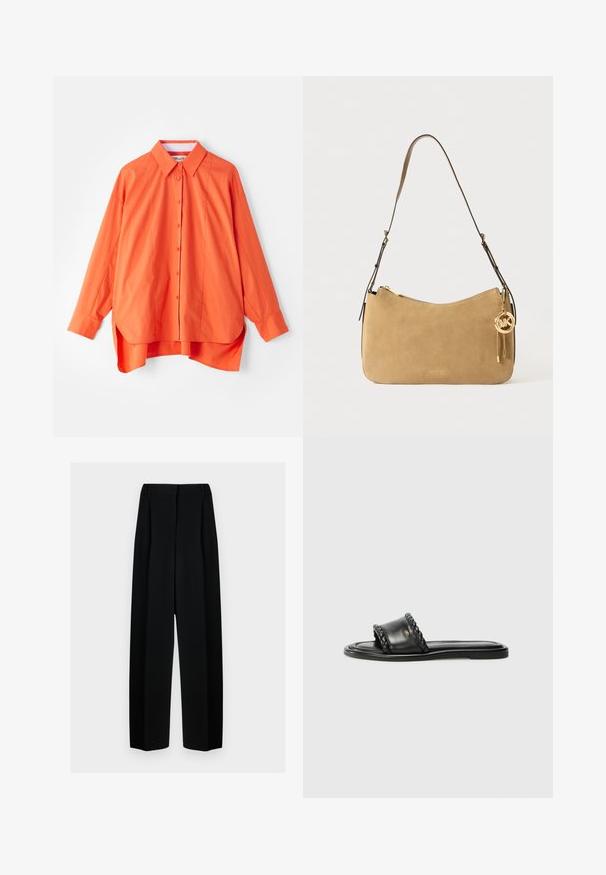 Orange button-up shirt with a collar, long sleeves, and a slightly curved hem. Made of a smooth fabric with a relaxed fit.; Black wide-leg trousers with a high waist, featuring pleats and a smooth texture. The fabric appears lightweight and drapes elegantly.; Black leather sandal with a woven strap detail, flat sole, and a sleek design. Smooth texture and minimalistic profile.; Tan suede shoulder bag with a curved shape, gold hardware, and zipper closure. Features an attached charm with the initials "MK."