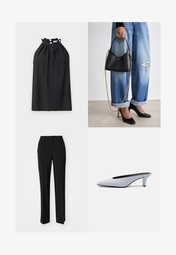 Svart halterneck-top laget av teksturert stoff. Har innsmettede skulderstropper med justerbare bånd. Enkelt design med avslappet passform. Ensfarget.; Sorte skreddersydde bukser med rett silhuett, med en glatt tekstur og klare pressede bretter foran. Ingen synlig maskinvare.; Lys blå patentlær mule med spiss tå, lav gjennomsiktig hæl og en elegant design med utskjæring på vampen.; Svart lærhåndveske med en buet form, kort håndtak og gullkjede-stropp. Brukt med slitt blå denim og svarte høyhælte sko.