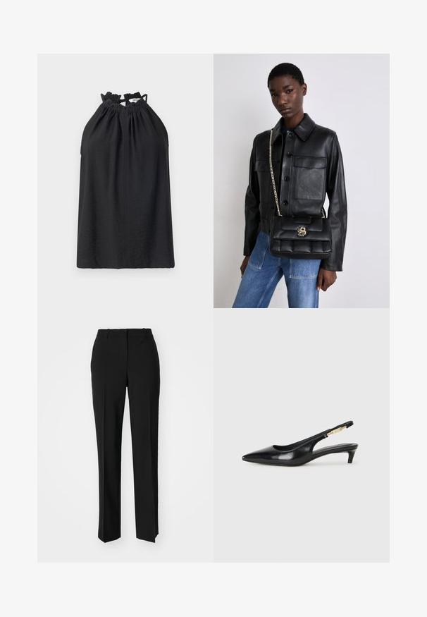 Mustraalne tekstuuriga must halter-top. Omab kogutud kaelust koos reguleeritavate nööridega. Lihtne disain ja mugav lõige. Ühes värvitoonis.; Mustad ja sirged püksid, millel on sile tekstuur ja teravad voldid esiosas. Ilma nähtavate detailideta.; Mustad nahast slingback kontsad terava ninaga, millel on õhuke konts ja kuldse tooni aktsent reguleeritaval rihmal. Sile tekstuur.; Mustmust nahkjakks, millel on nööbiga sulgemine ja kaks esikot, koos musta tikandiga käekotiga, millel on kuldne klamber ja ahelrihm.