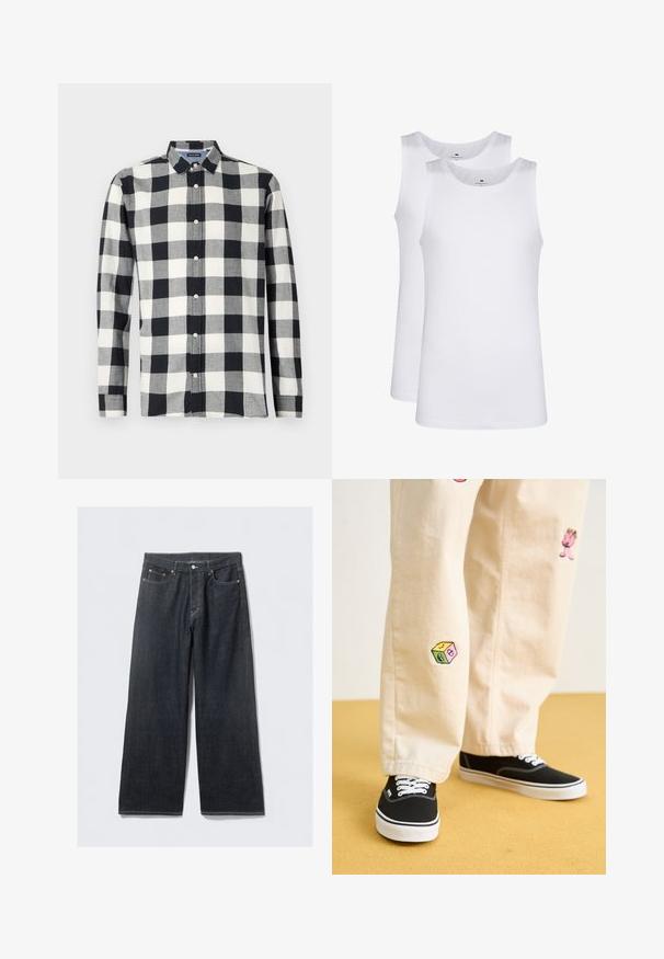 Camicia a maniche lunghe in un motivo a quadri bianco e nero, realizzata in tessuto con una texture liscia. Caratterizzata da un colletto button-down e bottoni frontali.; Top in cotone bianco, design senza maniche, collo rotondo, texture liscia, realizzato in un tessuto morbido e leggero. Due pezzi esposti.; Jeans a gamba larga in denim scuro con vita alta, caratterizzati da rivetti in tonalità rame e cuciture a contrasto, texture liscia e senza motivi visibili.; Pantaloni di cotone beige con divertenti ricami che includono un personaggio rosa e un blocco colorato, abbinati a sneaker nere con lacci.