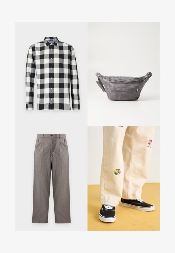 Košeľa s dlhými rukávmi v čierno-bielom károvanom vzore, vyrobená z látky s hladkým povrchom. Má golier na gombíky a predné gombíky.; Sivé nohavice v houndstooth vzore s rovnými nohavicami, obsahujúce puky, pás s gombíkovým zapínaním a bočné vrecká.; Béžové bavlnené nohavice s hravými vyšívanými vzormi vrátane ružovej postavy a farebného bloku, skombinované s čiernymi šnurovacími teniskami.; Sivá semišová ľadvinka s okrúhlym tvarom, dvoma zipsovými priehradkami a nastaviteľným popruhom. Obsahuje kovové prvky.