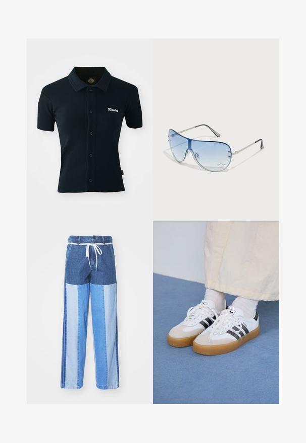 Polo shirt nera realizzata in tessuto a coste. Presenta maniche corte, colletto e una patta con bottoni, con un logo ricamato bianco sul petto.; Pantaloni in denim blu con un design a patchwork in diverse sfumature di blu, vita con cordoncino e gambe ampie e dritte.; Sneakers bianche con strisce nere e accenti in suede beige. Presentano una suola in gomma texturizzata e lacci bianchi piatti, indossate con calzini di colore chiaro.; Occhiali da sole aviator con lenti blu sfumate, montatura in metallo argentato e decorazioni a forma di stella sulle lenti. Design liscio e sofisticato.