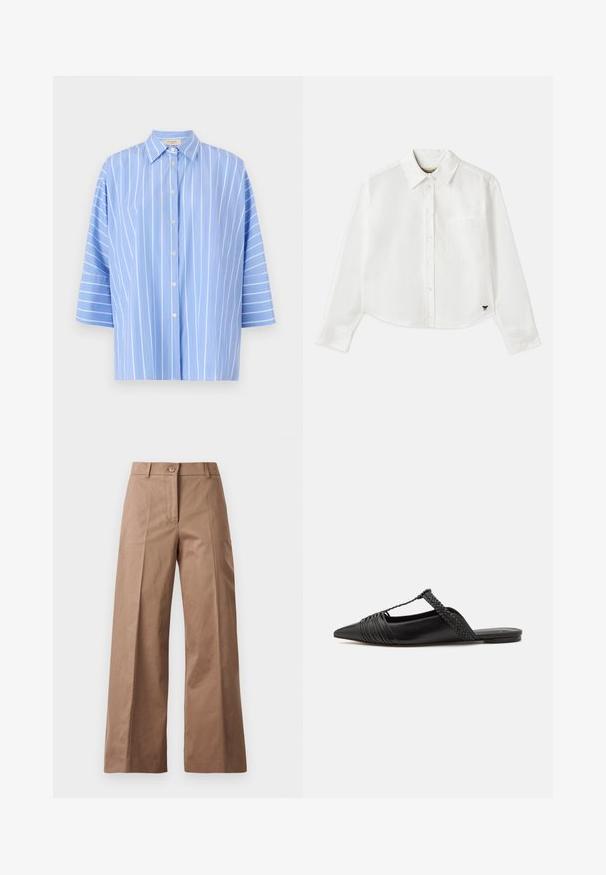 Heledad sinise triibuga särk lühikeste varrukatega, millel on terav krae, nööpidega esitamine ja vertikaalsed valged triibud. Sile kangast tekstuur.; Valge lühikesed varrukad puuvillane särk. Omab nööbiga esist, rinna taskut ning väikest musta logo all vasakul.; Pruunid lai jalgadega püksid, mis on valmistatud siledast kangast, esise nööbiga kinnitusega, kahte esist taskut ja puhtaid, vormitud jooni.; Must kuulsad nahast kandadega kingad, millel on terav nina, koos kootud detaili ja volditud ülaosaga. Lame tald minimaalse riistvaraga.