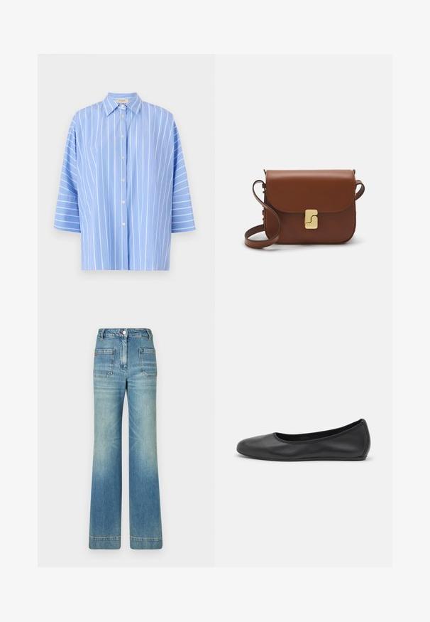 Heledad sinise triibuga särk lühikeste varrukatega, millel on terav krae, nööpidega esitamine ja vertikaalsed valged triibud. Sile kangast tekstuur.; Valge lühikeste varrukatega T-särk ribatud kangast. Ümara kaelusega, tavalisest sobivusest ja peente õmbluse detailidega. Ilma mustrite või graafikateta.; Heledad sinine denimist laienevad teksad viie tasku, vöödega, nööbiga kinnitusega ja kergelt tuhmise tekstuuriga, tagaküljel punane logo detail.; Musthave mustika tantsutossud mustast nahast, ümmarguse varbaga, siledast tekstuurist, minimaalse õmblusdetailiga ja paindliku tallakujundusega.; Pruunist nahast käekott, millel on klapiga sulgur, kuldne riistvara, õlarihm ja sile tekstuur. Kompaktne ristkülikukujuline vorm.