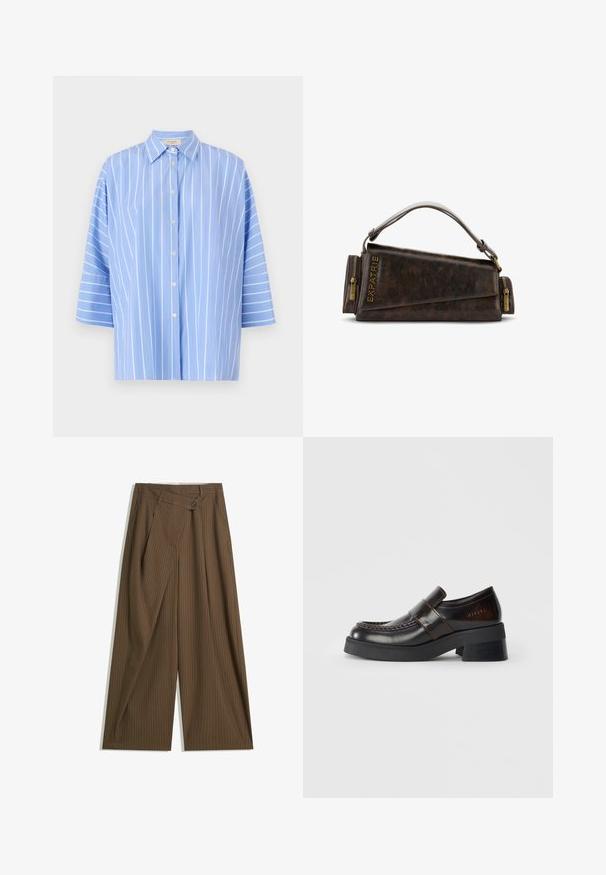 Svetlomodrá pruhovaná košeľa s krátkymi rukávmi, má špicatý golier, predné zapínanie na gombíky a vertikálne biele pruhy. Hladká textúra tkaniny.; Hnedé široké nohavice s tenkými bielymi prúžkami, vysoký pás, predné zapínanie na gombík a preklápanie na prednej strane.; Hnedé kožené mokasíny s masívnym čiernym opätkom, s prešívaným dizajnom a pásikom cez hornú časť pre zvýraznenie detailu.; Hnedá kožená kabelka s geometrickým dizajnom, s hornou rúčkou a zlatými zipsovými detailami. Logo je vyrazené na strane.; Zlatý Fossil hodinky s textúrovaným krémovo-bielym ciferníkom, tenkými hodinovými značkami a korunkou. Obsahuje zaoblený púzdro s ryhovaným rámčekom.