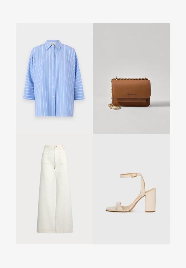 Lys blå stripete skjorte med korte ermer, har en spiss krage, knappestolpe foran og vertikale hvite striper. Glatt stofftekstur.; Vidde bukser i off-white denim. Høyt liv-design med knappelukking, to frontlommer og kontrastsøm detaljer.; Beige høyhælte sandaler med firkantet tå, tynn ankelrem og blokk hæl. Glatt skinntekstur med gullspenne detaljer.; Brun teksturert lær crossover-veske med gullkjede-stropp og klaffelukking. Fronten har logo-detalj og en lomme under klaffen.
