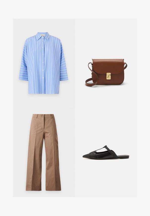 Světle modrá pruhovaná košile s krátkým rukávem, má špičatý límec, knoflíkovou přední část a vertikální bílé pruhy. Hladká textilie.; Hnědé kalhoty s širokými nohavicemi vyrobené z hladké tkaniny, s předním zapínáním na knoflík, dvěma předními kapsami a čistými, dobře střiženými liniemi.; Černé kožené slingback boty se špičatou špičkou, s tkaným akcentem a plisovaným designem svršku. Plochá podešev s minimálním kovovým zapínáním.; Hnědá kožená kabelka s klopou, zlatými kovovými detaily, ramenním popruhem a hladkým povrchem. Kompaktní obdélníkový tvar.
