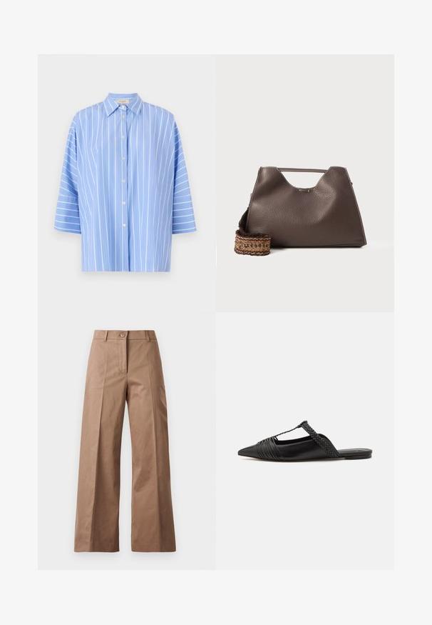 Jasnoniebieska koszula w poziome paski z krótkimi rękawami, z kołnierzykiem w szpic, zapinana na guziki oraz pionowymi białymi paskami. Gładka faktura tkaniny.; Brązowe spodnie szerokie, wykonane z gładkiego materiału, z zamknięciem na guzik z przodu, dwiema przednimi kieszeniami oraz czystymi, dopasowanymi liniami.; Czarny skórzany but na odkrytej pięcie z pointed toe, ozdobiony plecionym akcentem i plisowanym wzorem górnej części. Płaska podeszwa z minimalnymi elementami.; Brązowa skórzana torebka niezbyt miękka w dotyku, o kanciastym kształcie i charakterystycznym górnym uchwycie. Posiada wzorzystą wplecioną taśmę.