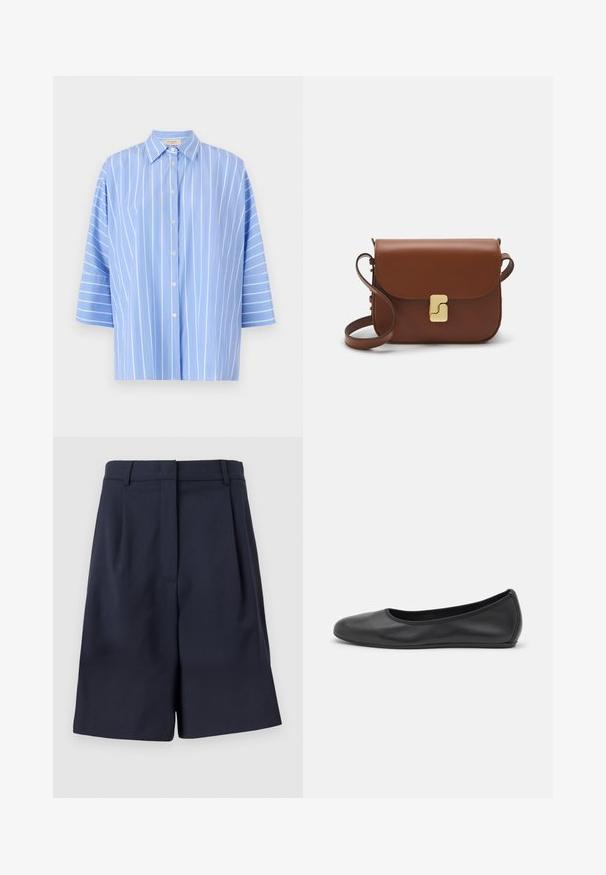 Lyseblå stribet skjorte med korte ærmer, har en spids krave, knaplukning foran og lodrette hvide striber. Glat stoftekstur.; Mørkeblå skræddersyede shorts lavet af et glat stof med høj talje, folder foran og sidelommer. Ren, struktureret silhuet.; Sort læderballetsko med rund tå, glat tekstur, minimal syning og et fleksibelt såldesign.; Brun læder håndtaske med flaplukning, hardware i gyldent tone, en skulderrem og en glat overflade. Kompakt rektangulær form.