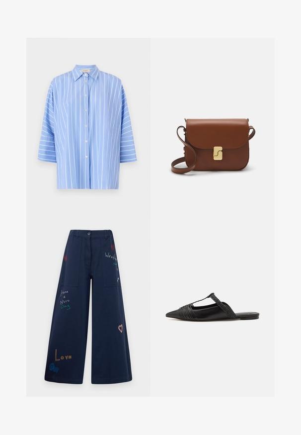 Jasnoniebieska koszula w poziome paski z krótkimi rękawami, z kołnierzykiem w szpic, zapinana na guziki oraz pionowymi białymi paskami. Gładka faktura tkaniny.; Granatowe spodnie z szerokimi nogawkami wykonane z bawełny, z licznymi kieszeniami. Ozdobione kolorowymi haftowanymi napisami i grafikami, w tym sercami i zabawnymi hasłami.; Czarny skórzany but na odkrytej pięcie z pointed toe, ozdobiony plecionym akcentem i plisowanym wzorem górnej części. Płaska podeszwa z minimalnymi elementami.; Brązowa skórzana torebka na ramię z klapką, złotymi detalami, paskiem na ramię i gładką teksturą. Kompaktowy prostokątny kształt.