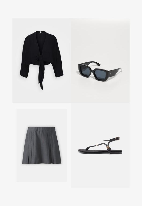 Melna saīsināta kardigāna jakas ar trīs ceturtdaļu piedurknēm, aploces dizainu un priekšējo mezglu detaļu. Izgatavota no viegla, tekstūrēta auduma.; Pelēka plisēta svārku izgatavota no teksturēta auduma, ar jostu un slēptu rāvējslēdzēju. Iekļauj vienmērīgi izkārtotas plisītes, kas piešķir strukturētu izskatu.; Melni plakani sandaļi ar izpītām siksnām un metāla akcentu. Iekļauj regulējamu sprādzi un plakanu gumijas zoli komfortam.; Melnas lielas saulesbrilles ar ģeometrisku dizainu, taisnstūrveida lēcas un spīdīgu apdari. Uz priekša nav redzama zīmola.; Brūns monogrammēts ādas soma ar zelta ķēdes siksnu, rāvējslēdzēja aizdari un plakanu, taisnstūrveida formu. Priekšpusē ir redzams logotips ar iepresēšanu.; Zelta auskari ar gludu, noapaļotu dizainu. Iekļauj mazu eņģu aizdari, vieglu izskatu un pulētu apdari.