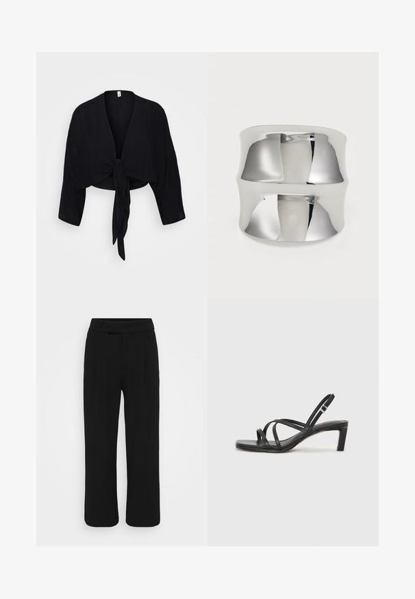 Fekete, cropped kardigán háromnegyedes ujjakkal, átkötős dizájnnal és elöl csomózott részletel. Könnyű, texturált anyagból készült.; Fekete, bőszárú nadrág sima anyagból, lapos elülső résszel, övhurkokkal és látható zsebek nélkül. Tiszta, igényesen szabott dizájn.; Fekete pántos szandál négyzetes orral és alacsony blokk sarkal. Több vékony pánttal és állítható boka pánttal rendelkezik. Sima bőrből készült.; Ezüst karkötőgyűrű sima, fényvisszaverő felülettel. Cikkcakkos kialakítással és széles sávval rendelkezik, ami modern, minimalista megjelenést kölcsönöz.