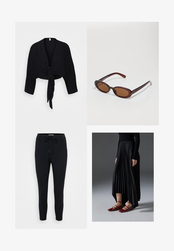 Must mustruga mustrised svart kraadi cardigan, millel on kolmeveerandikute varrukad, ümberpööratud disain ja esikõrva detail. Valmistatud kerge tekstureeritud kangast.; Mustad, venitatud mustad püksid, mis on valmistatud venivast kangast, millel on nööriga vöökoht, kaks esist pleeti ja sile tekstuur.; Mustmust seelik kõrgema ees- ja madalama taga servaga, kombineeritud läikivate punaste sussidega, millel on rihma kujundus. Kangas on sileda tekstuuriga.; Ümar, pruunikased päikeseprillid läikiva burgundia raami ja peente kaubamärgi detailidega. Peened sangad ja lame läätsedesain.