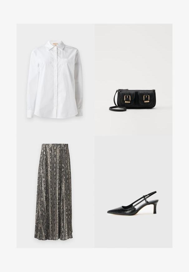 Vit långärmad skjorta i bomull. Har klassisk krage, knäppning fram och en enda bröstficka. Slät textur.; Fållad midikjol i snakeskin-mönster med nyanser av grått, svart och beige. Tillverkad av lättviktig tyg med resårmidja.; Svart lackskin slingback-häl med spetsig tå, med texturerad ormskinnsprint, justerbar rem och en kort, texturerad blockklack.; Svart läderaxelväska med två framfickor, guldspännen, dragkedjestängning och en smal rem. Texturerad yta och kompakt rektangulär form.