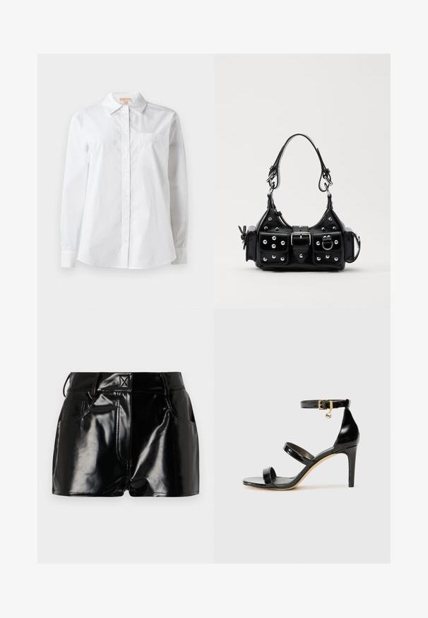 Bílá košile s dlouhým rukávem vyrobená z bavlny. Má klasický límec, zapínání na knoflíky vpředu a jedno náprsní kapsu. Hladká textura.; Černé lesklé kraťasy vyrobené z umělého materiálu. Obsahují přiléhavý pas, poutka na opasek a přední kapsy s výraznými švy.; Černé lakované kožené sandály se třemi pásky, sponou na kotníku a 10 cm jehlovým podpatkem. Obsahují zlaté kovové detaily a logo přívěsek.; Černá kožená kabelka s křivkovým designem, zdobená stříbrnými hřebíky, s přezkou a dvěma bočními kapsami. Nastavitelný popruh pro různé možnosti nošení.