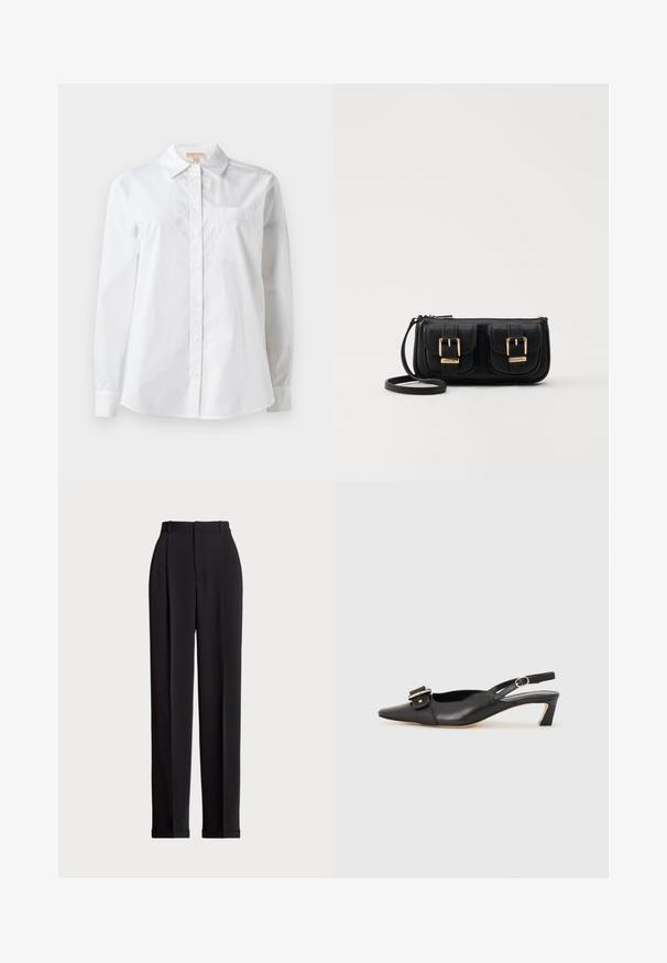 Hvid langærmet skjorte lavet af bomuld. Har en klassisk krave, frontlukning med knapper og en enkelt brystlomme. Glat tekstur.; Sorte skrædderbukser med høj talje, der har folder fortil, en lige benlængde og ombukket kant. Lavet af glat stof.; Sorte læder slingback sko med spidse tæer, lille hæl og dekorativ spænde detalje på overdelen. Glat tekstur, minimalistisk design.; Sort læder crossbody taske med to frontlommer, guldspænder, lynlåslukning og en slank rem. Struktureret overflade og kompakt rektangulær form.