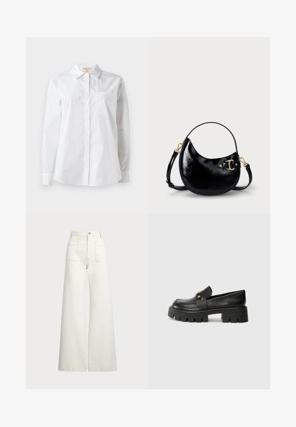 Camicia bianca a maniche lunghe in cotone. Presenta un colletto classico, chiusura con bottoni frontali e una tasca sul petto. Texture liscia.; Jeans a gamba larga in denim bianco sporco. Design a vita alta con chiusura a bottone, due tasche frontali e dettagli di cucitura a contrasto.; Mocassini in pelle nera con suola spessa, caratterizzati da un accento dorato nella parte anteriore e una finitura liscia. Design della suola con profilo spesso.; Borsa a mano in pelle verniciata nera con forma curvilinea, tracolla regolabile e dettagli in hardware color oro sul lato. Texture liscia e lucida.