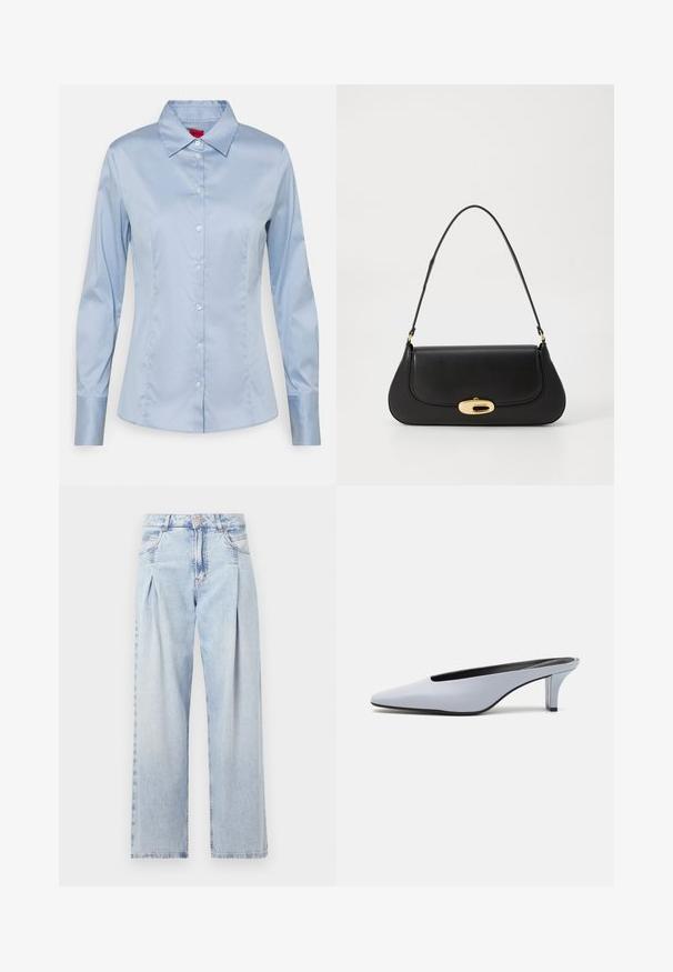 Lys blå knapp-up skjorte laget av glatt stoff, med klassisk krage, lange ermer og en rett passform med subtile søm detaljer.; Lyseblå denimjeans med høy livlinje, vide ben, to sidelommer og plisserte detaljer. Myk tekstur med en falmet finish.; Lys blå patentlær mule med spiss tå, lav gjennomsiktig hæl og en elegant design med utskjæring på vampen.; Svart lærveske med en buet design, gullfarget hardware og et håndtak på toppen. Har en elegant lukking og glatt tekstur.