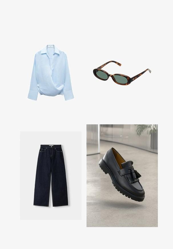 Mango LIRIO jasnoniebieski; Granatowe dżinsy z szerokimi nogawkami i wysokim stanem, pięć kieszeni, kontrastowe szwy i srebrne metalowe akcesoria. Gładka tekstura i czyste wykończenie.; Czarne skórzane mokasyny z detalem frędzli, gładkie wykończenie i gumowa podeszwa z rowkami trakcyjnymi. Wnętrze wyłożone kontrastującym brązowym kolorem.; Okulary przeciwsłoneczne w kolorze tortoise z owalnymi oprawkami i zielonymi soczewkami. Posiadają cienkie zauszniki z metalowym akcentem przy zawiasach.