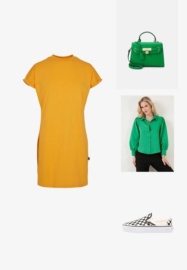 Groene button-up blouse met pofmouwen, gemaakt van een gladde stof. Kenmerken zijn een kraag en gevoerde knopen aan de voorkant. Gekozen in combinatie met zwarte onderkleding.; Geel t-shirtjurk met een hoge halslijn, korte opgerolde mouwen en een relaxte pasvorm. Zacht katoenen stof met zijsplitten voor gemakkelijke beweging.; Zwart-wit geblokte slip-on Vans schoenen met een canvas bovenwerk, rubberen buitenzool en gewatteerde kraag. Vlakke, ronde neus met witte zoolaccenten.; Groene leren handtas met een gestructureerd ontwerp, gouden hardware, een bovenste handvat en een afneembare schouderband. Beschikt over een slotaccent en een gestructureerde afwerking.