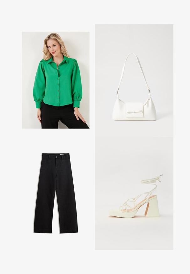 Zöld gombos ing, puffos ujjakkal, sima anyagból készült. Galléros és elől gombos kivitel. Fekete alsóval viselve.; Fekete, bő szabású farmernadrág magas derékkal, elülső és hátsó zsebekkel, varrott felületekkel és gombos záródással. Sima textúra.; Fehér, magassarkú szandál vastag sarokkal, pántos dizájnnal és bokapánttal. Sima textúra, elülső platformmal a megnövelt magasság érdekében.; Fehér szintetikus kézitáska, háromszög alakú, lapos előlap, masni részlettel, állítható pánttal, sima textúrával és minimalista dizájnnal.