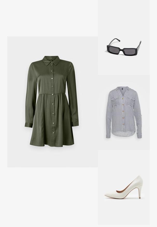 Camicia a righe con bottoni, caratterizzata da righe verticali blu navy e bianche, due tasche sul petto e bottoni dorati. Maniche lunghe con dettagli ai polsini.; Abito verde oliva con maniche lunghe, bottoni, vita aderente e colletto, gonna leggermente svasata e maniche con polsini.; Scarpa con tacco alto in pelle verniciata bianca, con punta affilata e superficie liscia, caratterizzata da un tacco sottile e un'apertura bassa.; Occhiali da sole neri con montatura rettangolare, lenti scure e finitura lucida e liscia. Presentano aste sottili con un branding discreto sul lato.; Wristlet Michael Kors in tela rivestita beige con motivo a logo MK ripetuto, hardware dorato e tracolla a catena staccabile.; Orecchini metallici dorati con un design ondulato; superficie liscia e riflettente; forma asimmetrica; nessun motivo o hardware visibile.