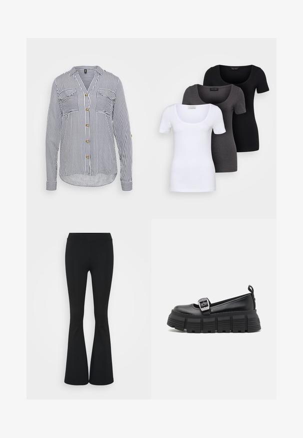 Prúžkovaná košeľa s vyhrnutými rukávmi, ktorá má tmavomodré a biele vertikálne prúžky, dve náprsné vrecká a zlaté gombíky. Dlhé rukávy s detailmi na manžetách.; Tričko v bielej, šedej a čiernej farbe s priliehavým strihom. Každé má široký výstrih a krátke rukávy. Vyrobené z hladkej, elastickej tkaniny.; Čierne rozšírené nohavice vyrobené z elastického materiálu, s vysokým pásom a hladkou textúrou. Nohavice sa rozširujú od kolena.; Čierne platformové mokasíny s okrúhlou špičkou, hladkým koženým vrchom, nastaviteľným prackovým zapínaním a textúrovanou gumovou podrážkou s horizontálnymi drážkami.