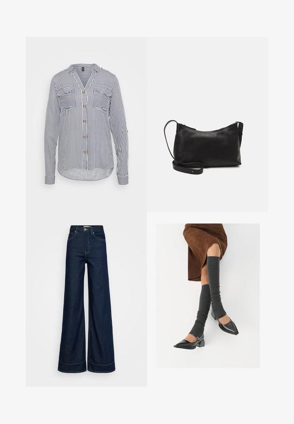 Prúžkovaná košeľa s vyhrnutými rukávmi, ktorá má tmavomodré a biele vertikálne prúžky, dve náprsné vrecká a zlaté gombíky. Dlhé rukávy s detailmi na manžetách.; Tmavomodré vysoké široké nohavice s vreckami vpredu, s pútkami na opasok, zapínaním na gombík a viditeľným šitím na bielom pozadí.; Čierne lakované kožené topánky s špicatou špičkou, blokovým podpätkom a členkovým remienkom, ktoré sú kombinované so šedými rebrovanými legínami a hnedou zamšovou sukňou.; Čierna kožená ramenná taška s hladkou textúrou, zakriveným tvarom, nastaviteľným popruhom a zipsom. Minimalistický dizajn bez ozdôb.