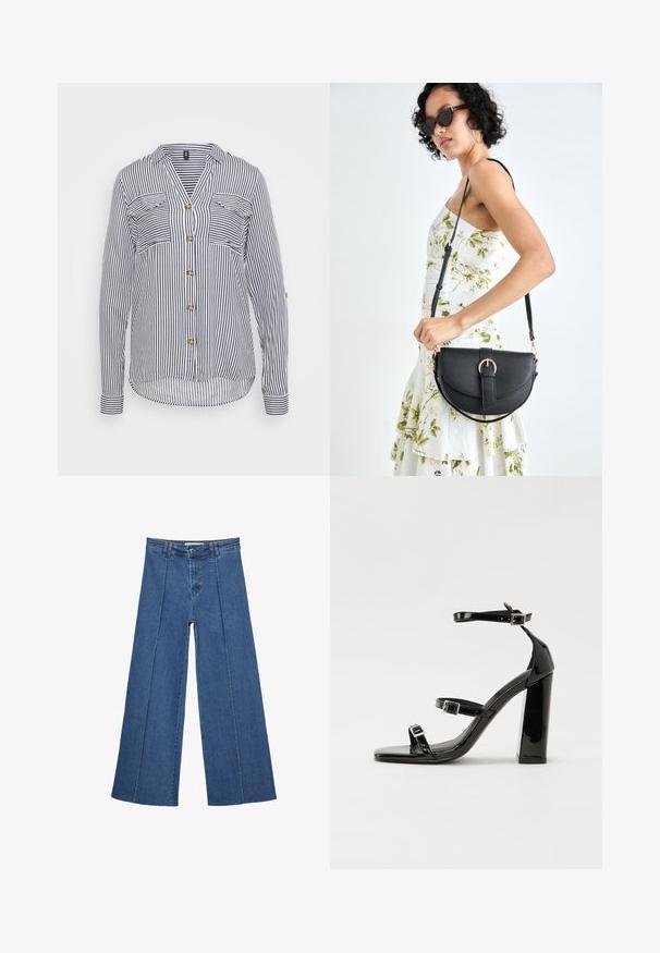 Koszula w paski z długim rękawem, charakteryzująca się granatowo-białymi pionowymi pasami, dwoma kieszeniami na piersi oraz złotymi guzikami. Długie rękawy z detalami mankietów.; Jeans typu wide-leg w średnim niebieskim kolorze, z wysokim stanem, zapięciem na guziki oraz kontrastowymi szwami pionowymi z przodu.; Czarne lakierowane sandały na obcasie z kwadratowym noskiem, z paskami wokół kostki i srebrnymi klamrami. Posiadają masywny słupek dla stabilności.; Czarna skórzana torebka o zakrzywionym kształcie, z odpinanym paskiem i złotymi akcentami. Torebka posiada klapę z zapięciem w kształcie klamry.