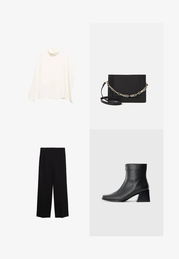Blusa bianca a collo alto con maniche lunghe, design drappeggiato, texture morbida e stile minimalista. Presenta chiusura con bottone sul retro.; Pantaloni neri a gamba larga in tessuto morbido, con pieghe nella parte frontale e tasche laterali, progettati con una linea dritta e comoda.; Stivaletto in pelle nera con punta quadrata, cerniera laterale e tacco squadrato su sfondo chiaro uniforme.; Borsa a tracolla nera in pelle con una texture liscia, forma rettangolare e dettaglio in catena metallica sul davanti. Inclusa una tracolla regolabile.