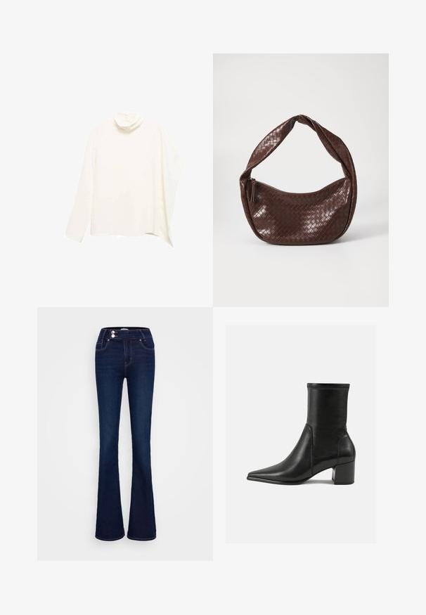 White high-neck blouse with long sleeves, draping design, soft texture, and a minimalist style. Features back button closure.; Dark blue flared jeans featuring a high-rise waist, two front pockets, and two button closures. Made from denim with a smooth texture.; Black ankle boot made of smooth leather, featuring a pointed toe, a block heel, and distinct raised stitching at the top edge.; Brown woven leather handbag with a curved, knotted handle and a zippered closure. Smooth texture and rounded shape.; Gold-tone metal cuff bracelet with a smooth, shiny finish. Curved design features open ends with a seamless, minimalistic shape.