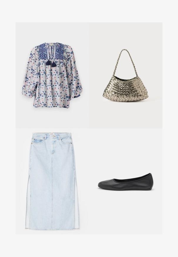 Blúzka s kvetinovým vzorom v modrej, bielej a ružovej farbe so rozdeleným výstrihom, detailmi s třásňami a objemnými dlhými rukávmi. Bavlnená látka.; Svetlo modrá dlhá riflová sukňa so strihom na rovno, s bočnými rozparkami a dizajnom s piatimi vreckami. Výrazné prešívanie a kovový zips na zapínanie.; Čierne kožené baleríny s okrúhlou špičkou, hladkým povrchom, minimálnym prešívaním a flexibilným dizajnom podrážky.; Metalický tkaný kabelka s trojuholníkovým tvarom, ktorá má pletený popruh a interiér s sametovým podšívkou. Farba: strieborná. Textúra: hladká a látková.